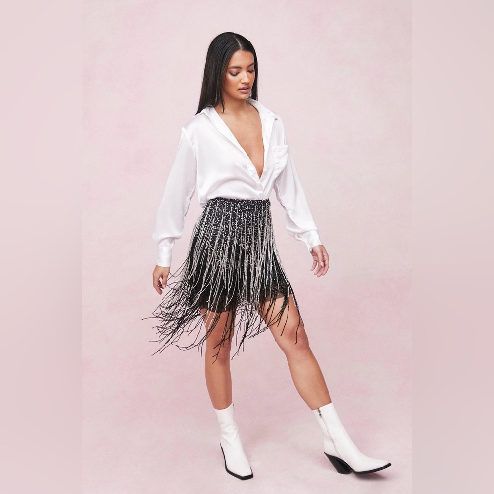 Nasty Gal Black Beaded Tassel‎ Icon Mini Skirt Sz. 14 NWT - Picture 3 of 10